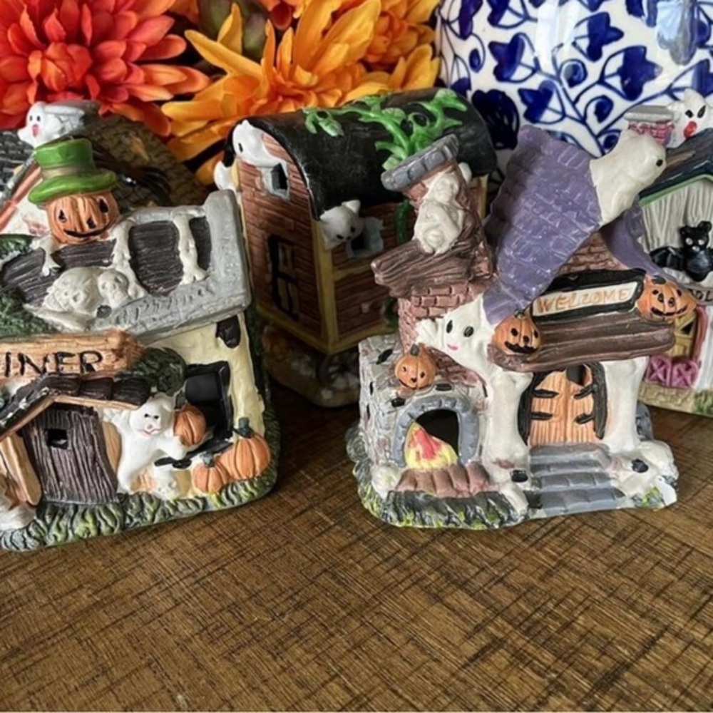 Vintage Haunted Halloween Village 5Pc Ceramic Tea Light Houses Ghosts